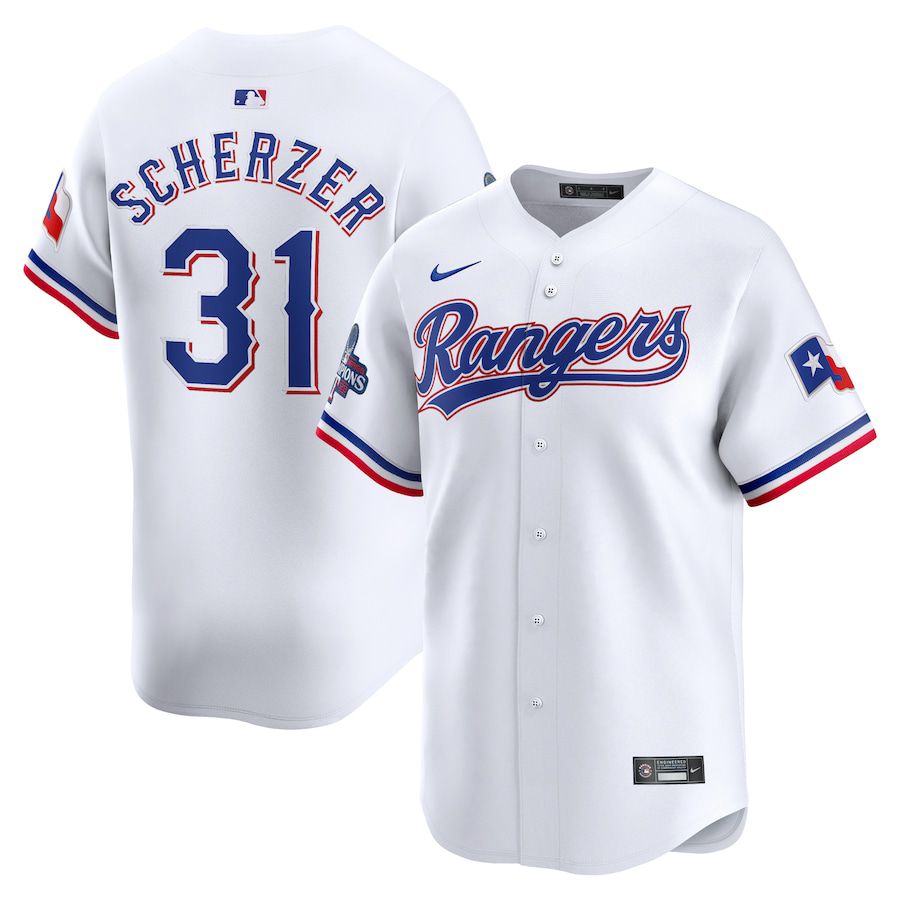 Men Texas Rangers #31 Max Scherzer Nike White Home 2023 World Series Champions Limited MLB Jersey